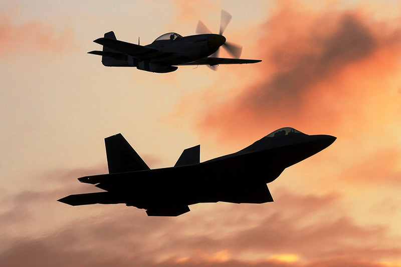 F-22A Raptor, 27th FS, USAF<br>P-51D Mustang 'Little Horse